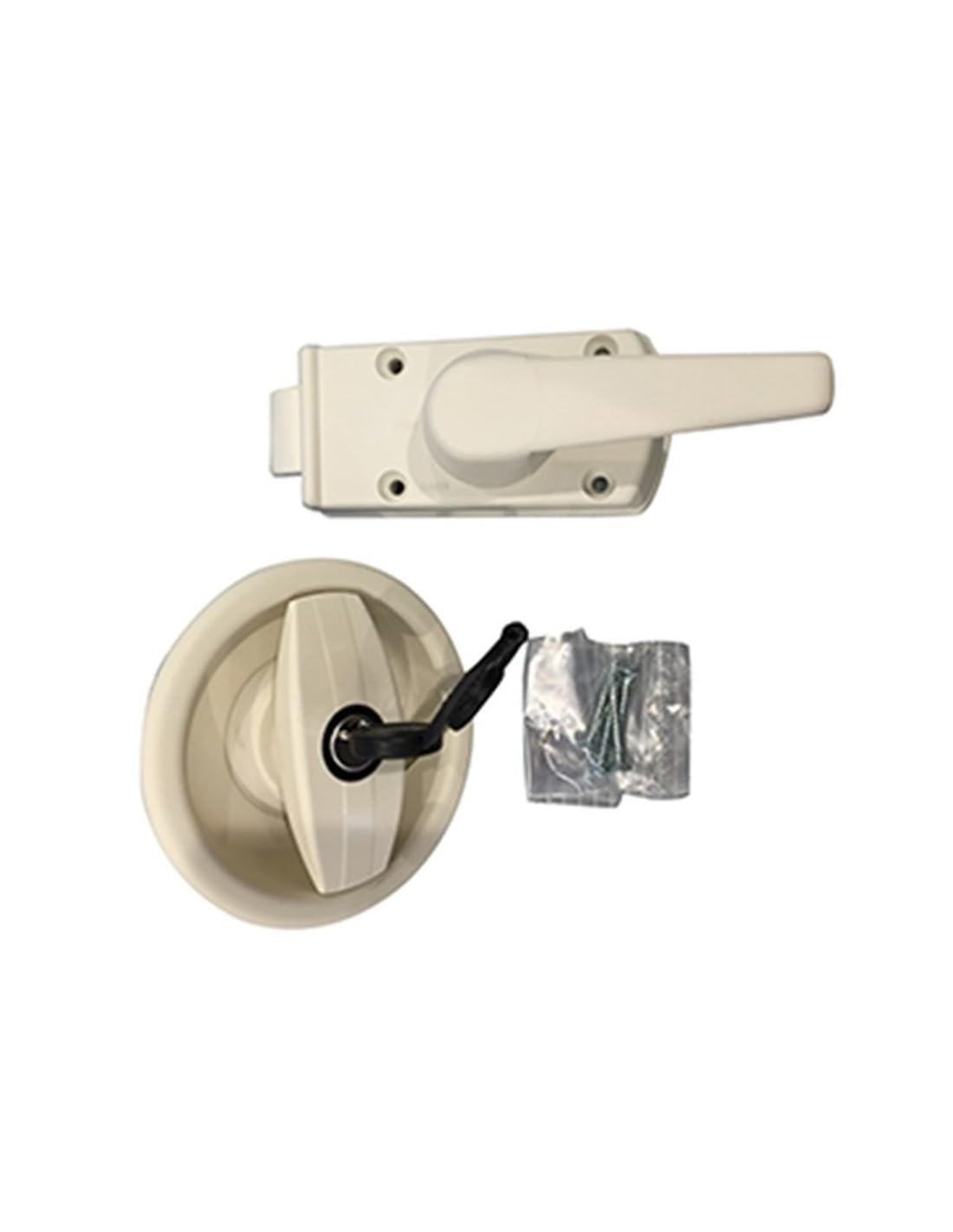 Cerradura blanca perla con asa para puerta de caravana con apertura a la derecha + cilindro y llaves