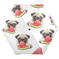 RPLIFE Travel Umbrella, Lightweight Durable Sun Umbrella Uv Protection Travel Size for Women, Travel Umbrellas for Sun, Cute Pug Dog Watermelon Slice