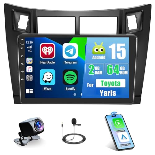 2G+64G Car Radio for Toyota Yaris 2008-2011 Wireless Caplay Android Auto, 9’’ Touchscreen Stereo Android 15 GPS WiFi Bluetooth FM RDS Mirror Link RCA USB SWC Backup Camera
