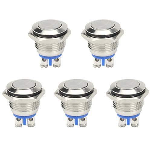 WMYCONGCONG 5 PCS 16mm Waterproof Momentary Push Button Switch Screw Type Terminals Stainless Steel Waterproof Metal Switch 250V 3A 1NO SPST, Flat Top