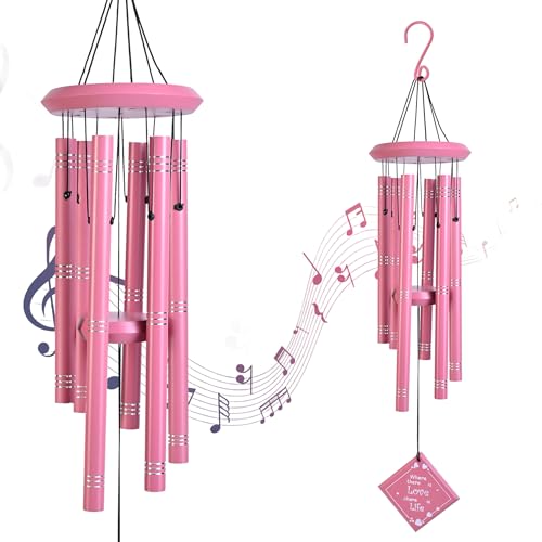 Image of ZAICUS Pink Metal Wind Chime for Home & Garden, Outdoor Wind Bell with Hanging Love Quote Pendant, Decorative Wind Chimes for Balcony Decor