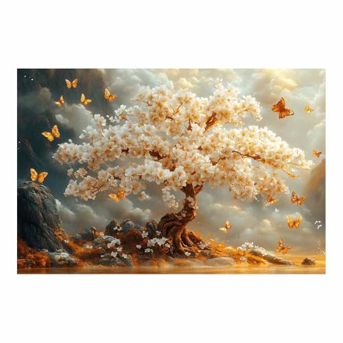 Toile murale arbre fleurs or 80x120cm JOSUE pour salon