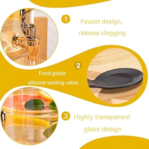 Image of 3 LTR Borosilicate Glass Detox Water jug Dispenser with Wooden Stand, Clear Glass Drink Dispenser with Tap for Water, Juice, Cocktails, Detox Drinks, Parties & Home Use | Pack of 1