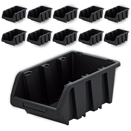 PECZEKO Werkstatt-Stapelkiste, Stapelbox aus PP Kunststoff, Sichtbox Stapelbox, Lagerboxen für Werkzeugswand, Sichtlagerkasten, Sortierbox - Schwarz 10 Stück, 115x80 mm