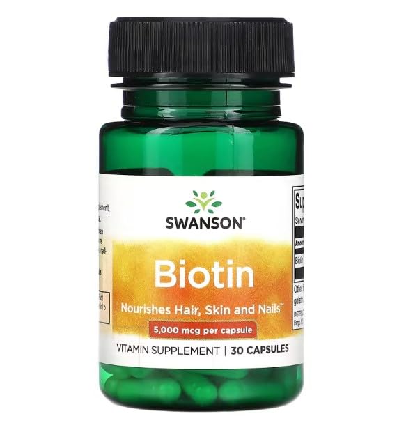 Swanson Biotina 5000mcg - Potenciador para Crecimiento Cabello y Uñas Fuertes - Suplemento Nutricional para Piel y Metabolismo (30 Cápsulas)