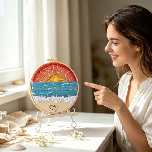 Image of Beach Embroidery Kits for Beginners Adults, Coastal Hand Embroidery Set Needlepoint Kits, Sea Sunrise Stamped Cross Stitch Kits for Beginner Adults, 3 Embroidery Hoop, Fabric (Attached Video Tutorial)
