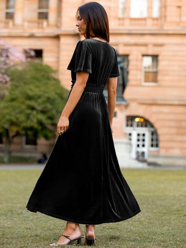 Image of Simplee Women's Velvet Maxi Dress V Neck Short Sleeve Empire Waist Semi Formal Long Cocktail Dresses