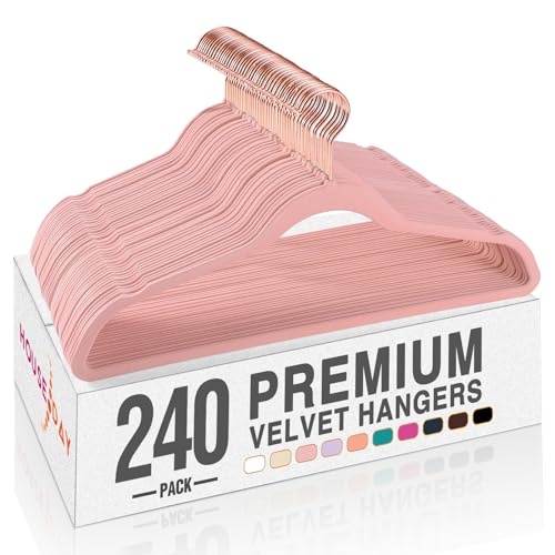 Image of HOUSE DAY Pink Velvet Hangers 240 Pack, Premium Clothes Hangers Non-Slip Felt Hangers, Sturdy Black Hangers Heavy Duty Coat Hangers, Durable Suit Hangers, Space Saving No Hanger Mark Rotating Hook