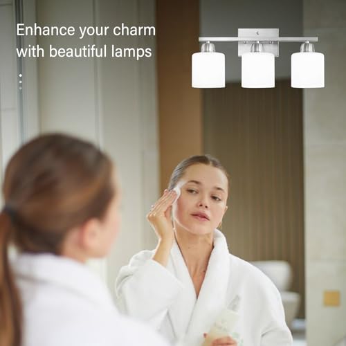 Image of Brushed Nickel Bathroom Light Fixture, Anti-Rust Finish 3 Light Vanity Lights for Bathroom, Bath Lights with Milky White Frosted Glass Shades, E26 Socket