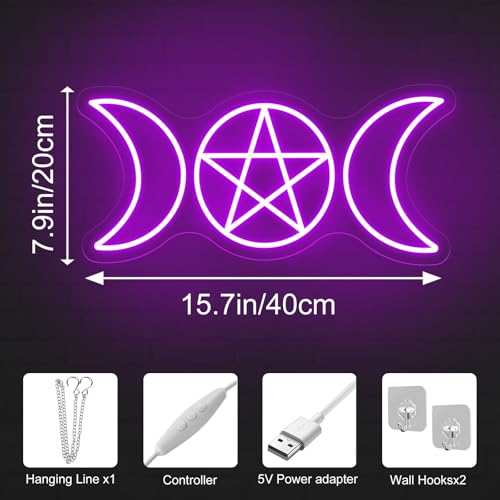 Image of Pentagram Triple Moon Neon Sign Gothic Hanging LED Light Wiccan Gift | USB Powered Dimmable Triple Goddess Wall Sign Decor Wiccan Neopagan Witch Decoration 16.5 inchx7.9 inch