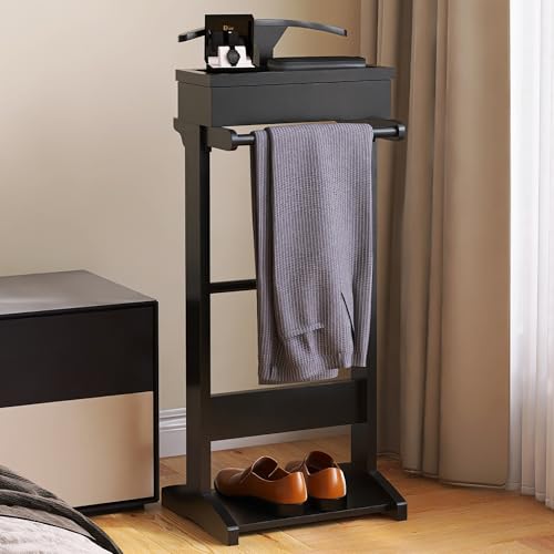 RELAHOGAR Wooden Valet Stand for Men, Clothing Valet Stand with Tray Organizer, shoe shelf and Hanging Suit, Freestanding Portable Coat Rack for Entryway, Bedroom, Office
