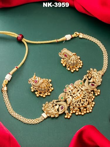 Image of BEVOGUE Exquisite Necklace Set for Women Stylish | Temple Jewellery Set for Women in Choker Style | South Indian Jewellery Set Traditional | Perfect Gifts for Woman