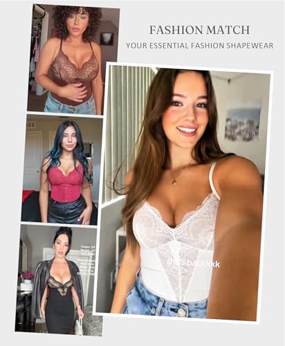 FeelinGirl Womens Body Suits Shapewear Tummy Control Backless Thong Body Shaper V Neck Compression Lace Bodysuit Tops2