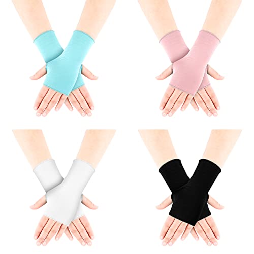 Bememo 4 Pack Sun Protection UV Gloves Driving Sun Block Gloves Cooling Fingerless Wrist Length Cotton for Women