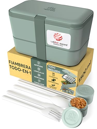 Umami Bento Fiambrera, Cubiertos y Salsera Incluidos, Antigoteo, Microondas, Fiambrera Compartimentada para Adultos, Verde Pizarra, 1500 ml