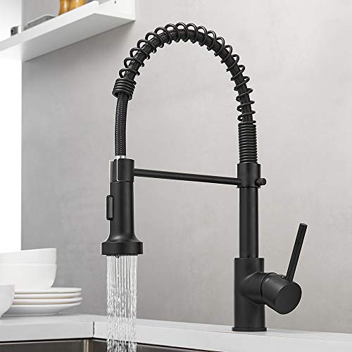 OWOFAN Kitchen Faucets Commercial Solid Brass Single Handle Single Lever Pull Down Sprayer Spring Kitchen Sink Faucet, Matte Black 9009R