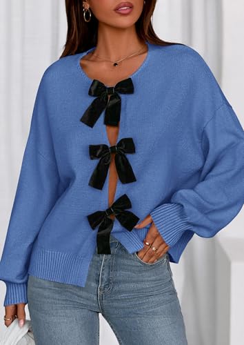 PRETTYGARDEN Cardigan Sweaters for Women Fall Fashion 2026 Bow Tie Front Long Sleeve Knit Sweater Tops Cute Winter Clothes (Blue,XX-Large) — view 5