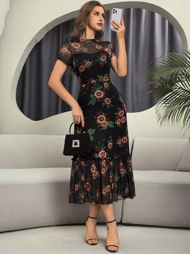 Image of GothDark Women's Summer Floral Mesh Ruffle Dress Short Sleeve Round Neck Waist Cinched Casual Maxi Wedding Guest Dresses