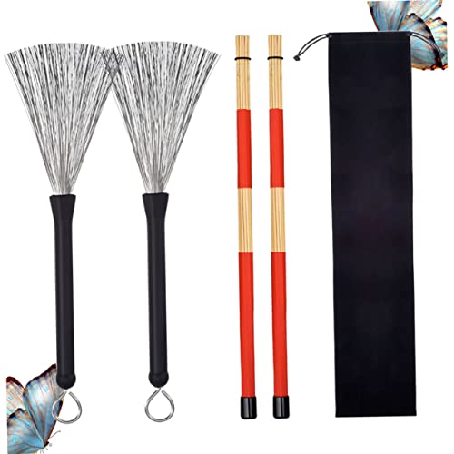 Conjunto de baquetas de bambú y cepillos de alambre de acero Levemolo para percusión acústica de jazz, incluye cepillos profesionales, baquetas de bambú y bolsa con cordón para almacenamiento miniatura 3