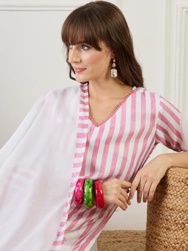 Image of INDO ERA Women's Straight Linen Floral Print with Beads Work Kurta Pant with Dupatta Set (IEOUT9824)