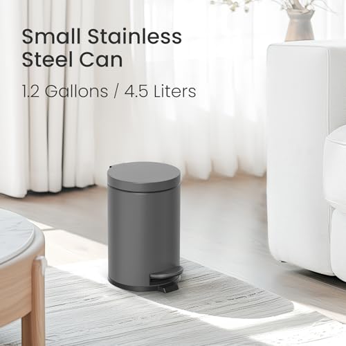 Image of Cesun 1.2 Gallons Small Gray Trash Can, Bathroom Garbage Can with Lid and Foot Pedal, Mini Round Wastebasket for Bathroom, Bedroom, Office, 4.5 Liters / 1.2 Gallons, Gray