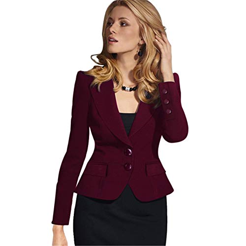 Andongnywell Women Business Casual Lapel Pocket Work Office Blazer Jacket Suit Slim Small Suit Ladies Jacket (Wine Red,XX-Large)