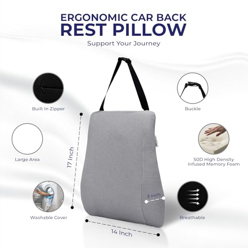 Image of WELLGIVER Orthopedic Memory Foam Car Neck Rest Pillow - Cervical Support Cushion for Neck Pain Relief, Adjustable Strap - Universal Fit for All Cars | Grey Velvet