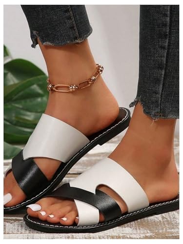 Image of Verdusa Women's Color Block Flat Leather Sandals Open Toe Vacation Slip on Slides