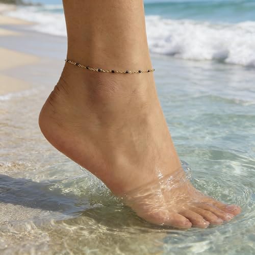Image of Dainty Ankle Bracelets for Women 18K Gold Plated Beaded Anklet Chain Simple Tiny Beads Anklet Waterproof Minimalist Summer Beach Foot Jewelry Gifts