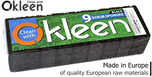 Image of Black Multi Use Scrub Sponges. Made in Europe. 18 Pack, 4.3x2.8x1.4 inches. Heavy Duty Fiber. Odorless Durable Scrubber for Kitchen and Household Cleaning