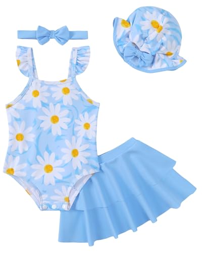 Image of Renotemy Baby Girl Swimsuit Toddler One-Piece Bathing Suit with Skirt&Hat Bikini Beach Pool Swimwear for Infant Girls 3M-3Y