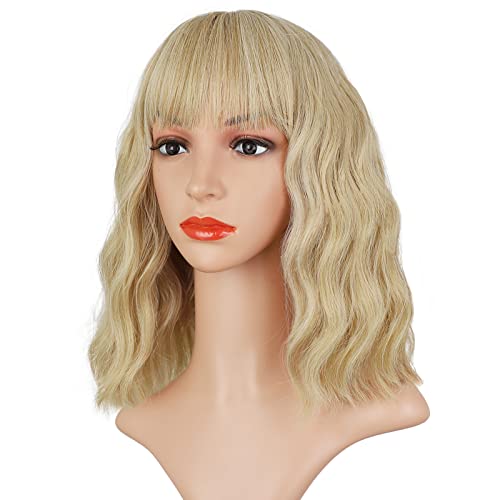 LNERATO Short Blonde Wig with Bangs,Mix Blonde Curly Wavy Wigs for Women Synthetic Should Length Cosplay Bob Wig for Girl Natural Wavy Wigs for Daily Party Use(12", Mix Blonde)