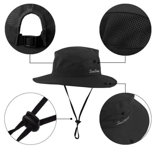 Image of Womens Summer Sun-Hat Outdoor UV Protection Fishing Hat Wide Brim Foldable-Beach-Bucket-Hat with Ponytail-Hole