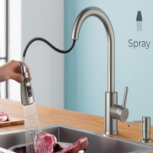 Smart Touch On Kitchen Faucet, 3 Modes Pull Down Sprayer, Sensor Activated, Ceramic Disc Valve, 360-Degree Rotation, 1 or 3 Hole Deck Plate. 10-Year Warranty. (KW-69SN, Brushed Nickel)