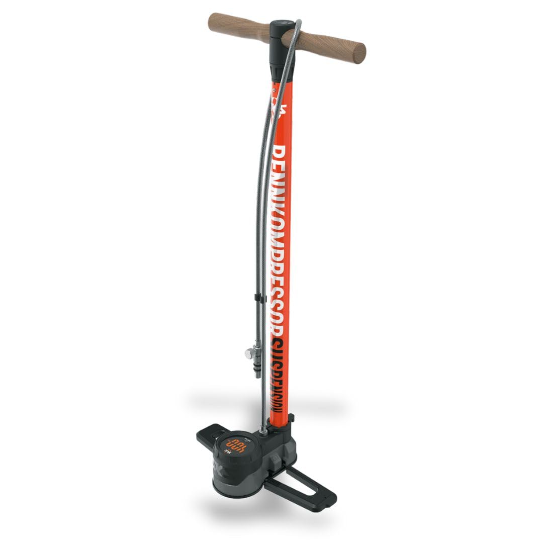SKS Germany RENNKOMPRESSOR Suspension Dämpferpumpe | Standpumpe, digitales Hochdruckmanometer, Druckablass-Funktion, langer gummierter Stahlflex-Schlauch, Metallrohr & Alugussfuß