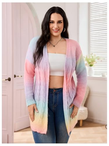 Image of MakeMeChic Women's Plus Size Rainbow Colorful Cardigans Open Front Long Sleeve Knit Cardigan Sweater