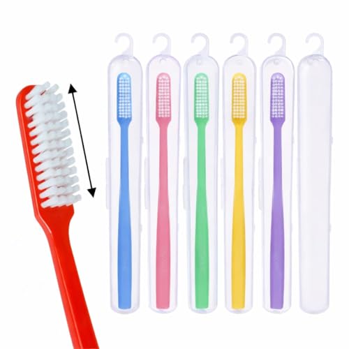 Image of MAXI Angular Hard Bristles Toothbrush with Anti-Bacterial Travel Case | Big Brush Head for Deep Plaque Removal & Stain Cleaning | Multicolor Pack of 6