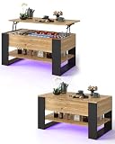 Ginhow Table Basse LED Relevable avec Rangement 92x50cm de 45 à 62cm, Table Basse Noir et Bois Salon, Pieds Noirs U, Plateau Effet Chêne, Moderne