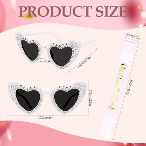 40th Birthday Decorations for Women，Hello Forty Birthday Sunglasses and Sash Set for Bday Dress Outfit Deocr Accessories Gifts3