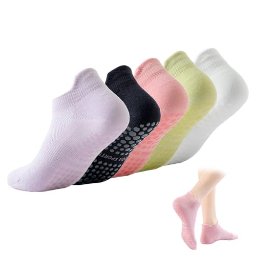 Arvoni 5 Pares Calcetines Yoga Pilates Comodos, Calcetines Antideslizantes para Mujer con Suela de Goma, Puntos Antideslizante Transpirables Ideales para Fitness, Ballet y Entrenamiento en Casa