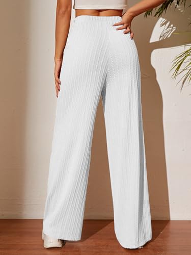 Image of TOPLOT Ribbed Knit Trousers for Woman | High Waist Wide Leg Palazzo Pants with Elastic Waist | Straight Relaxed Fit Casual, Office, Travel & Lounge Wear (5252)