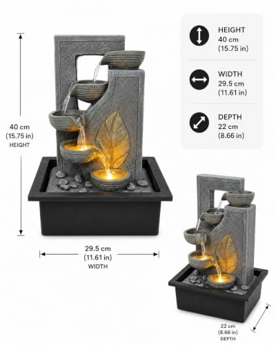 Image of CHRONIKLE Indoor Tabletop Water Fountain with Warm LED Light & Controller Pump|Golden Leaf Designer 4 Diya Step Cascade Polyresin Waterfall Fountain for Home, Meditation Decor | Silver | 40x29.5x22 CM