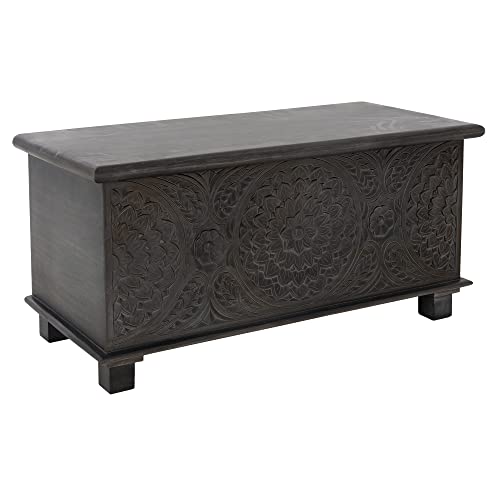 WOMO-DESIGN Arcón Setubal 45,5x94x43 cm con Espacio de Almacenamiento y Tapa con Bisagras Motivo Floral Tallado Hecho a Mano Madera Maciza de Mango Gris Oscuro Estilo Vintage Shabby Chic para Salón Cover