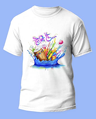 Image of Knitted Polycotton Fabric Regular Fit Men Boys Half Sleeve T-Shirt for Festival of Holi Style 9 White Size : Free