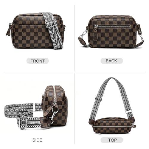 Image of Small Crossbody Bags for Women Genuine Leather, Guitar Strap Shoulder Handbag Purse Camera Bag with Rfid Card Slots, Khaki Checkered