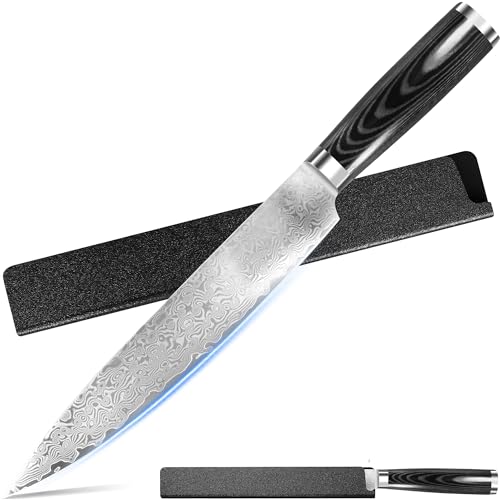Image of XYJ 8 Inch Damascus Steel Slicing Knife, Professional Kitchen Knife with Patterned Blade, Sharp & Durable Carving Knife for Meat Cutting