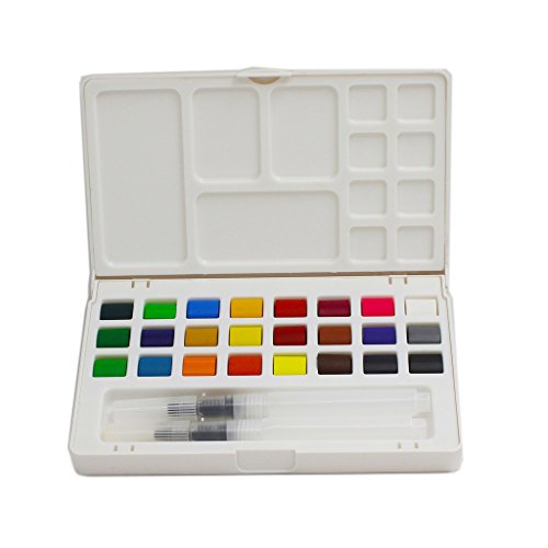 DUOLAIMI Watercolor Solid Pigments Field Sketch Set 24 Assorted Paints and 2 Water Brushes and 1 Palette for Adult and Children Painting on The Go