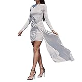 Einfarbig Rundhals rückenfrei Kleid Damen sexy eng kurzer Abend lang kleiden Ärmel Loses Kleid URIBAKY