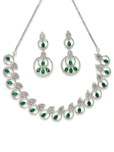 Image of Karatcart Silver Tone Green American Diamond Studded Necklace Set for Women