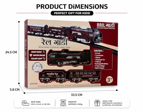 Image of Rechargeable Vintage Black Toy Train Set for Kids | Real Smoke, Bollywood Music & Light | 16-Piece Express Toy Train with Track | Birthday Gift for Boys & Girls (3+ Years) - Packaging May Vary